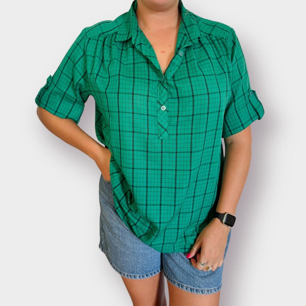 70s Miss Fashionality Green‎ black plaid shirt
